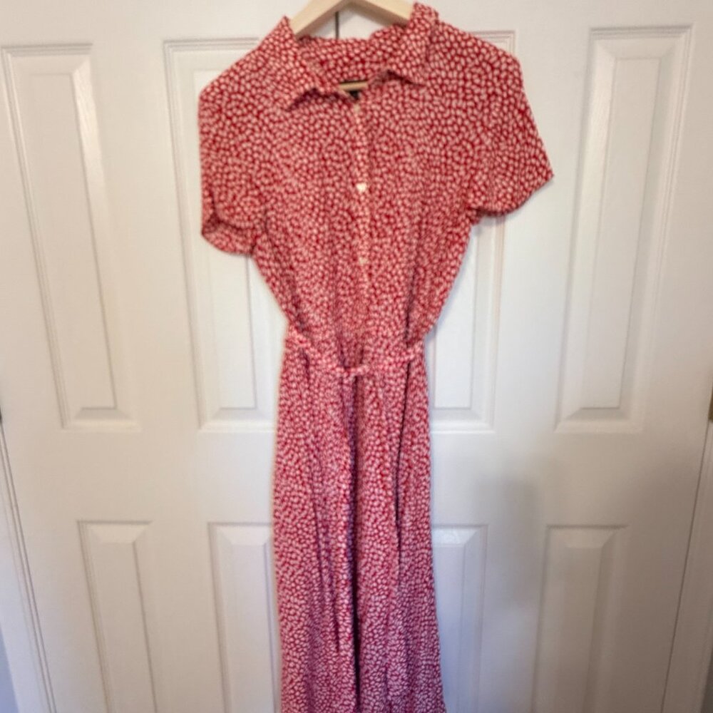 Talbots Red White Leopard Polka Dot Tie-Waist Midi Shirt Dress Size 12 - Picture 3 of 8